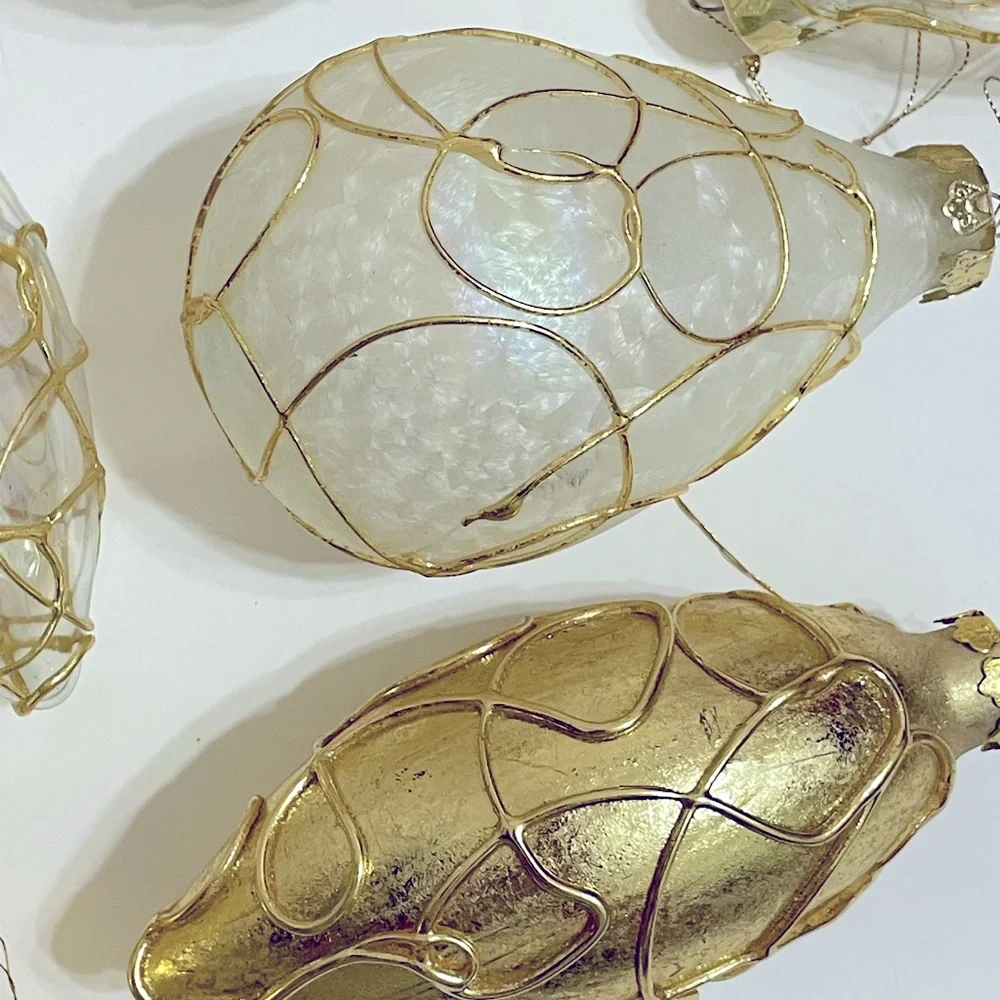 VINTAGE SILVESTRI Large Gold Clear Frosted Glass Deco Tree Ornaments Set of 6
